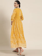 Juniper Women's Yellow Floral Printed Georgette Maxi Dress With Beads Kantha Work & Sequins At Neckline - Distacart