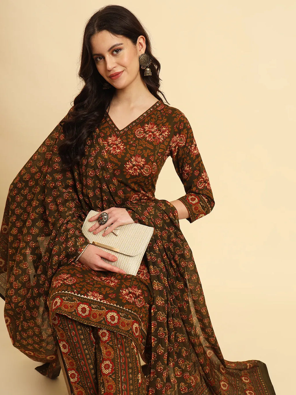 Yufta Green Pure Cotton Floral Sequins Work Kurta Set With Dupatta - Distacart
