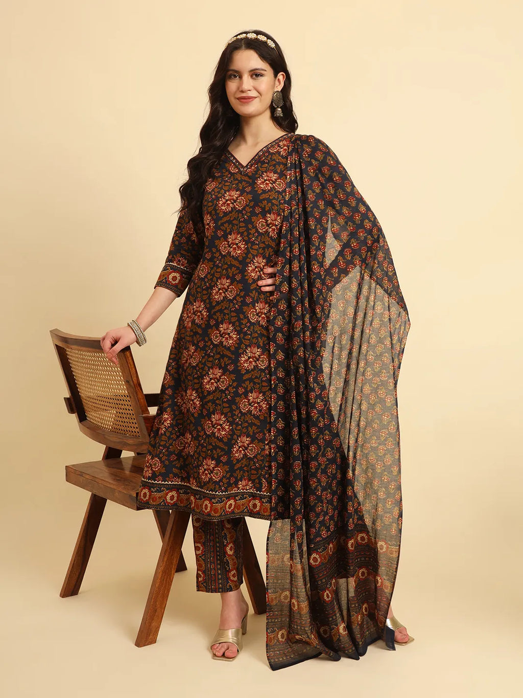Yufta Navy Blue Pure Cotton Floral Sequins Worky Kurta Set With Dupatta
