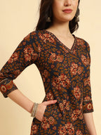 Yufta Navy Blue Pure Cotton Floral Sequins Worky Kurta Set With Dupatta