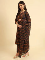 Yufta Navy Blue Pure Cotton Floral Sequins Worky Kurta Set With Dupatta