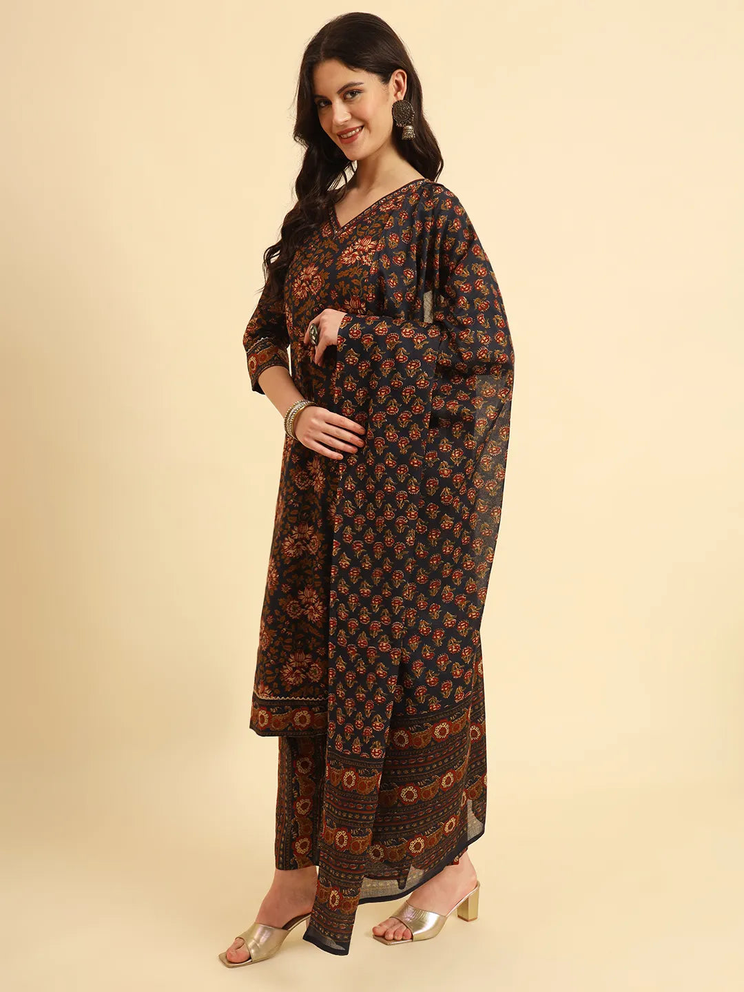 Yufta Navy Blue Pure Cotton Floral Sequins Worky Kurta Set With Dupatta
