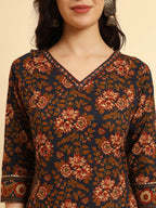 Yufta Navy Blue Pure Cotton Floral Sequins Worky Kurta Set With Dupatta