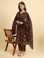 Yufta Navy Blue Pure Cotton Floral Sequins Worky Kurta Set With Dupatta