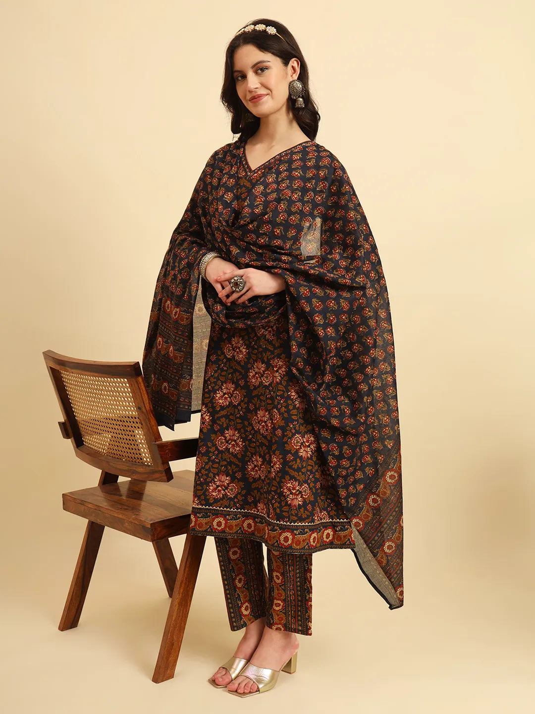 Yufta Navy Blue Pure Cotton Floral Sequins Worky Kurta Set With Dupatta
