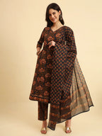 Yufta Navy Blue Pure Cotton Floral Sequins Worky Kurta Set With Dupatta
