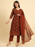 Yufta Red Pure Cotton Floral Sequins Work Kurta Set With Dupatta