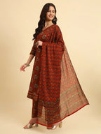Yufta Red Pure Cotton Floral Sequins Work Kurta Set With Dupatta