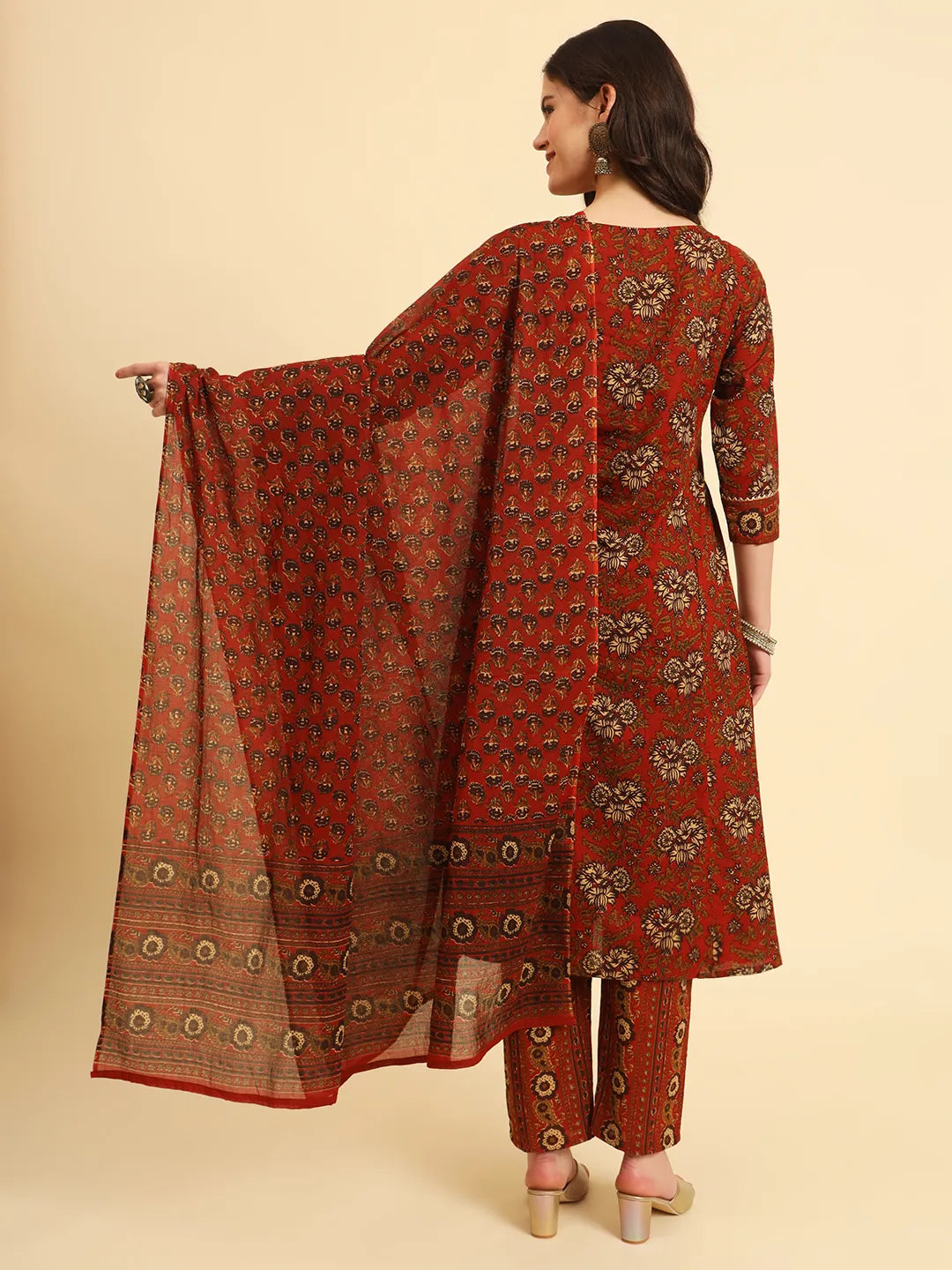 Yufta Red Pure Cotton Floral Sequins Work Kurta Set With Dupatta