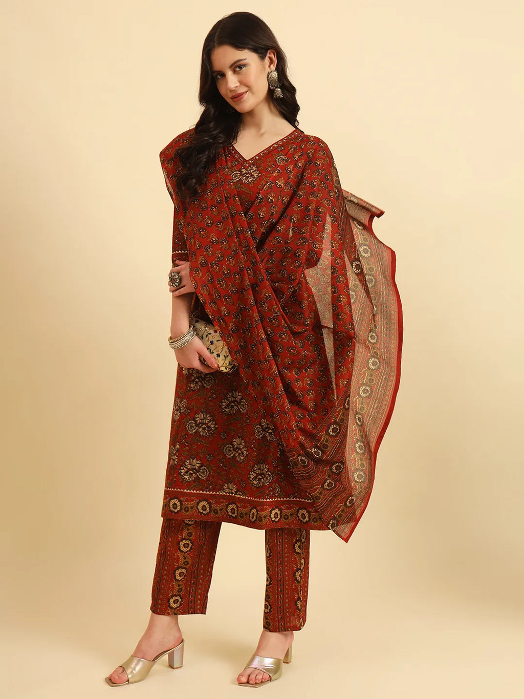 Yufta Red Pure Cotton Floral Sequins Work Kurta Set With Dupatta