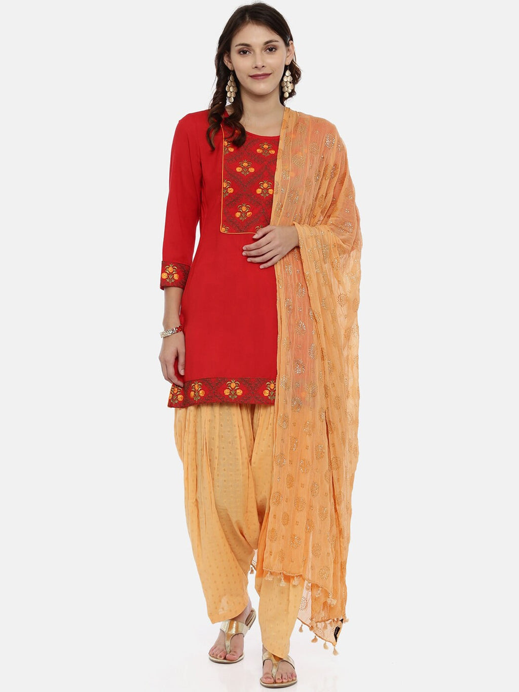 Souchii Beige & Gold Foil Print Dupatta with Tasselled Border - Distacart