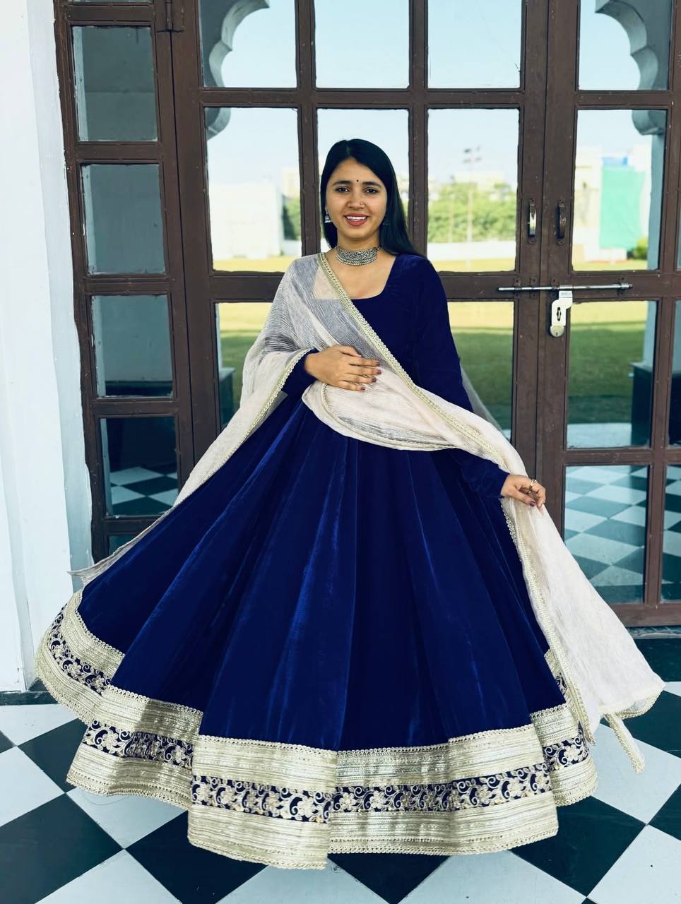 Yash Enterprise Blue Viscose Velvet Party Wear Embroidery Suit Set - Distacart