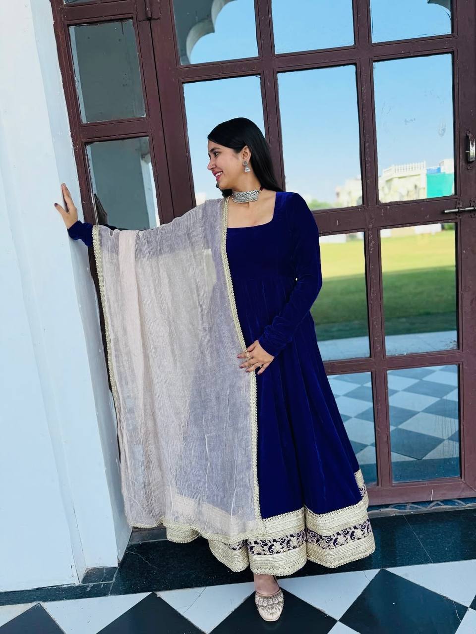 Yash Enterprise Blue Viscose Velvet Party Wear Embroidery Suit Set - Distacart