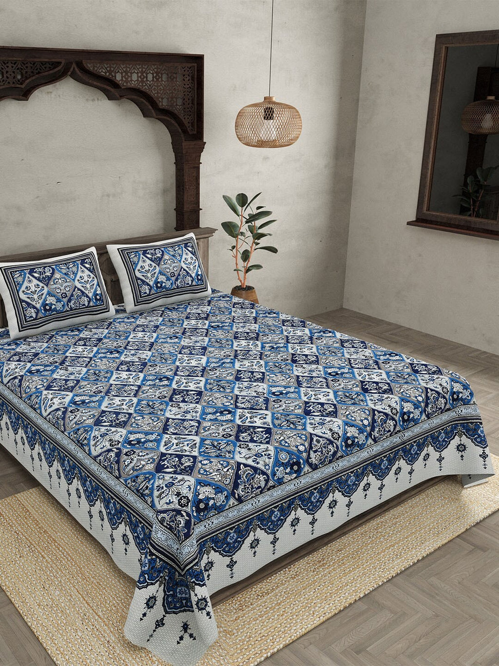 JAIPUR FABRIC Festival Waves Blue & White Cotton 210 TC Queen Bedsheet & 2 Pillow Covers