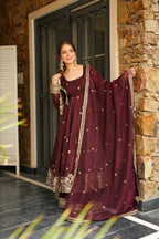 Yash Enterprise Maroon Simmer Silk Party Wear Ebroidery Suit Set - Distacart