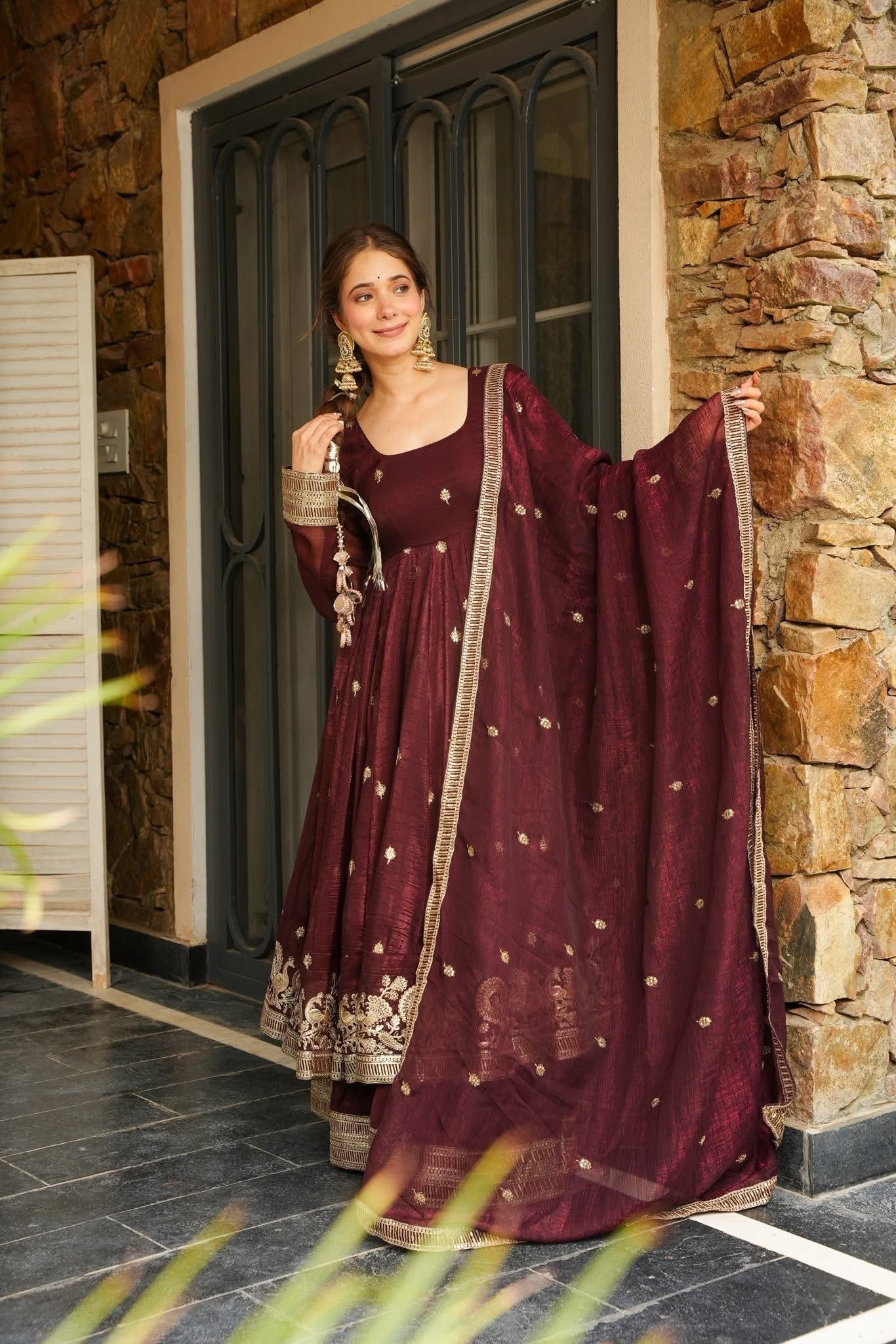 Yash Enterprise Maroon Simmer Silk Party Wear Ebroidery Suit Set - Distacart