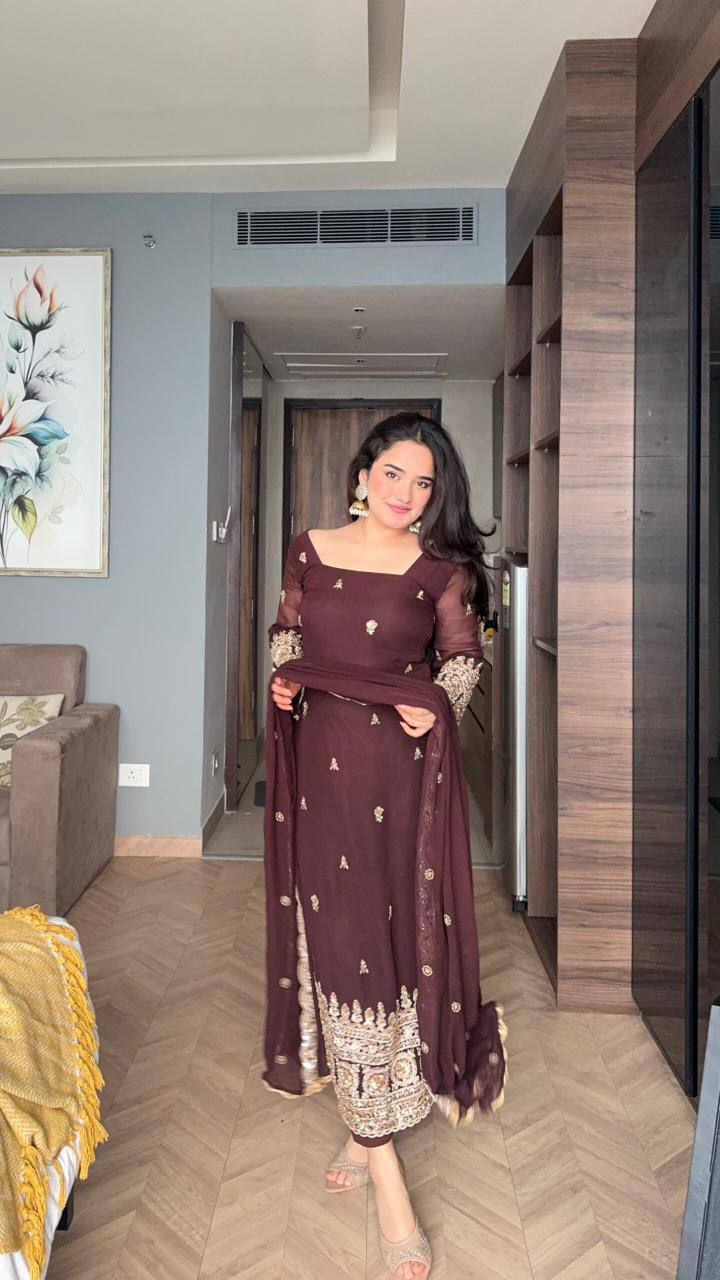 Yash Enterprise Maroon Faux Blooming Silk Party Wear Embroidery Suit Set - Distacart