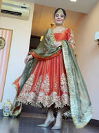 Yash Enterprise Orange Fandy Silk Party Wear Embroidery Suit Set - Distacart