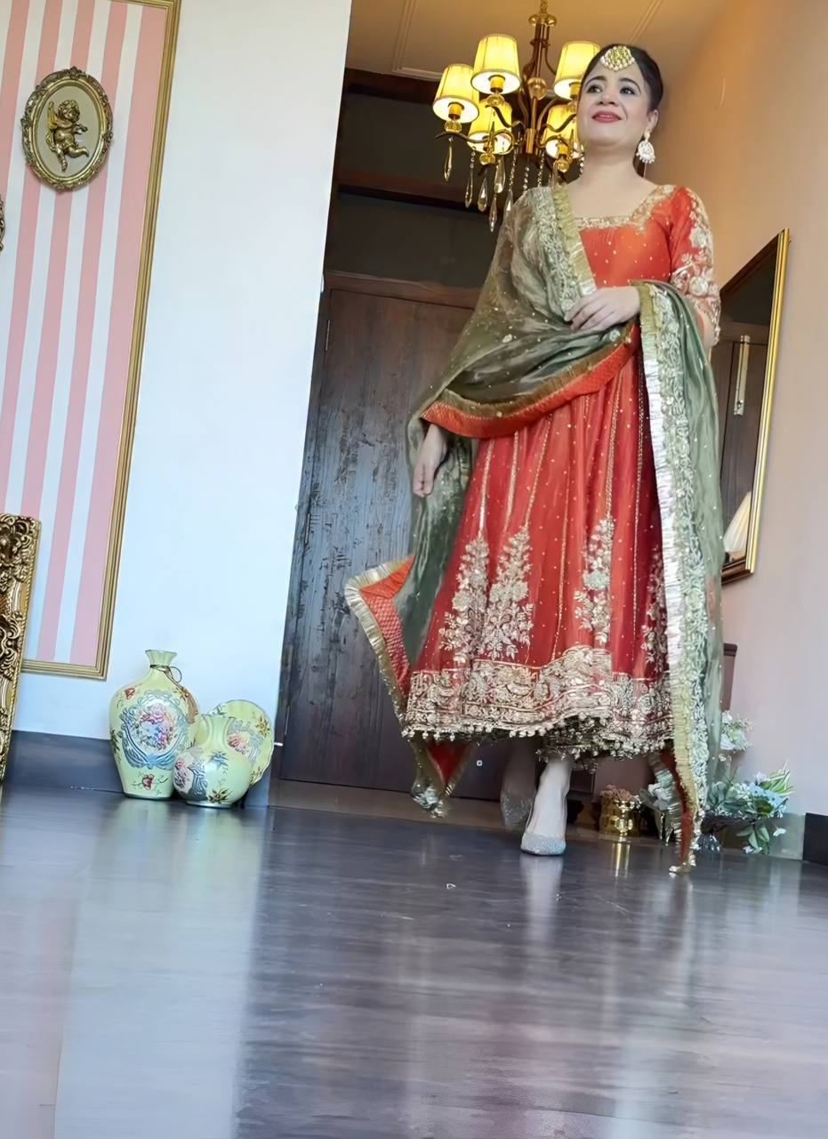 Yash Enterprise Orange Fandy Silk Party Wear Embroidery Suit Set - Distacart