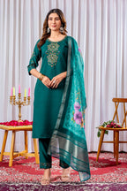 Pramukh Fab Teal Green Color Viscose Silk Kurta Set - Distacart