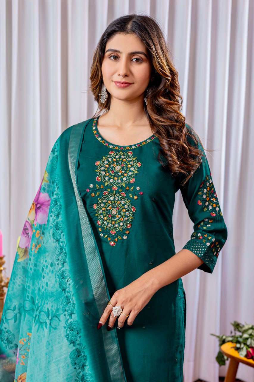 Pramukh Fab Teal Green Color Viscose Silk Kurta Set - Distacart