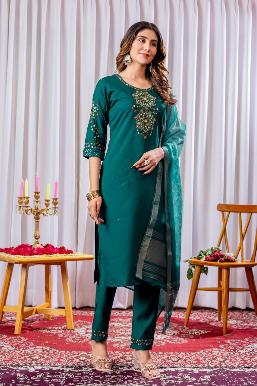 Pramukh Fab Teal Green Color Viscose Silk Kurta Set - Distacart