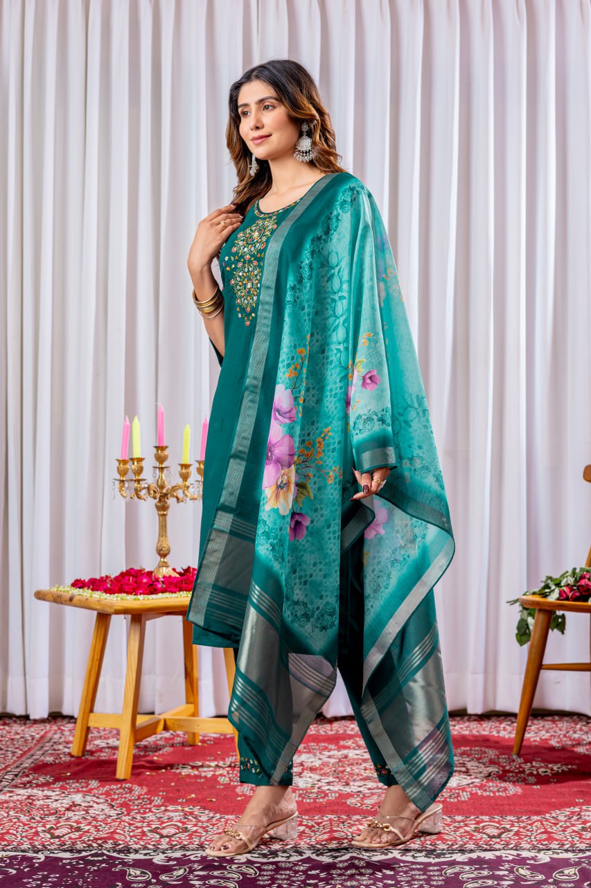 Pramukh Fab Teal Green Color Viscose Silk Kurta Set - Distacart