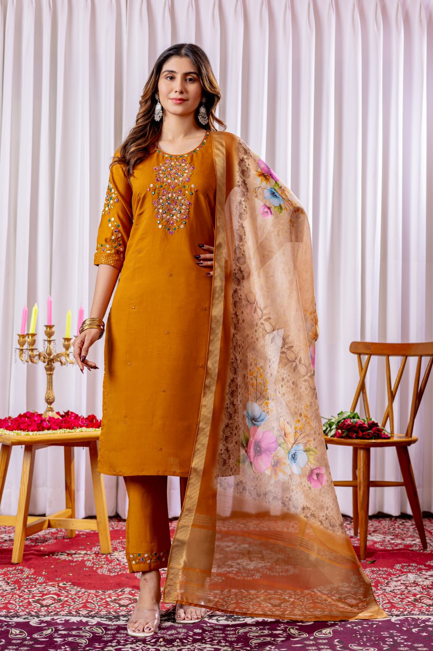 Pramukh Fab Mustard Color Viscose Silk Kurta Set - Distacart