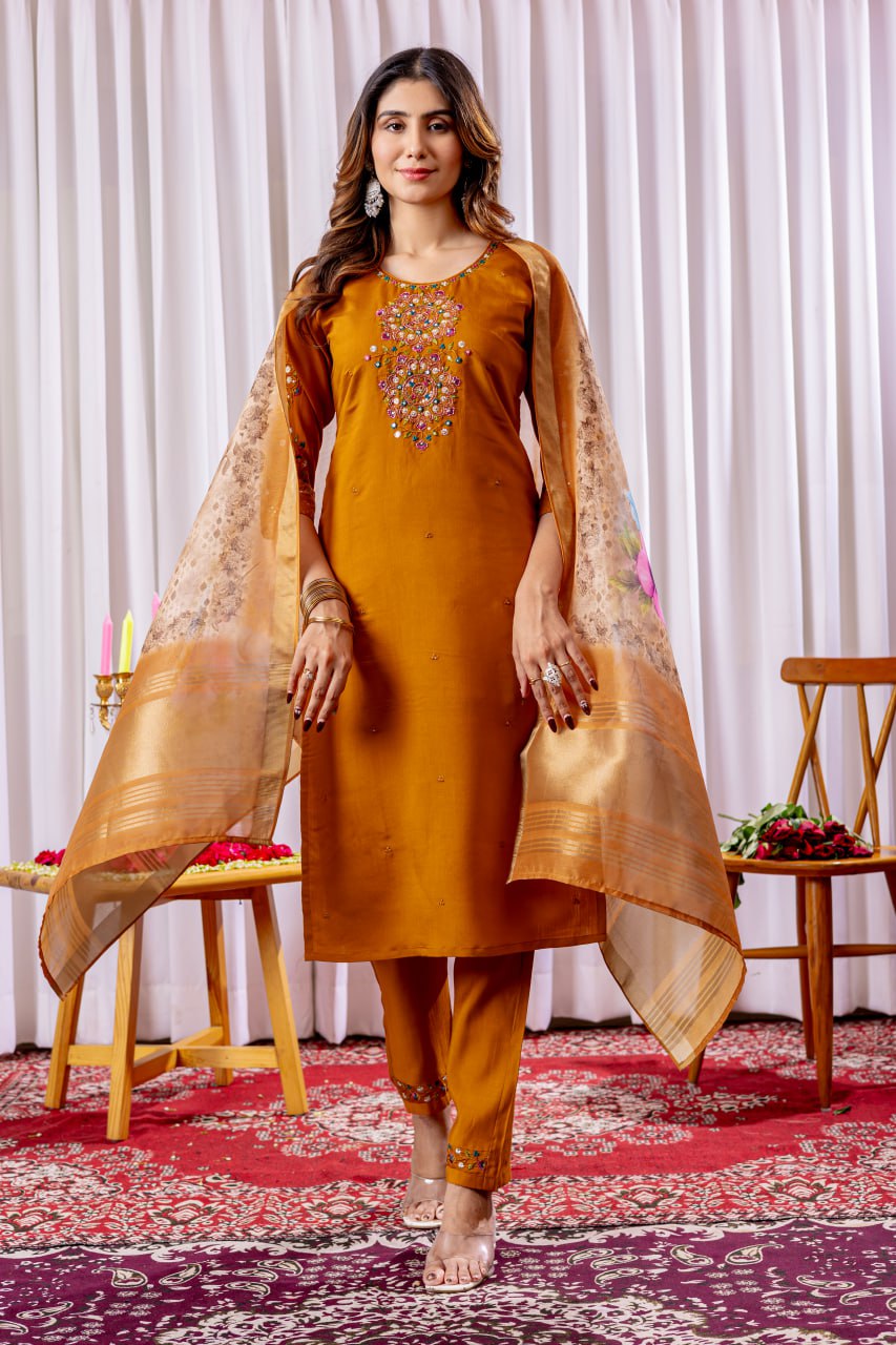 Pramukh Fab Mustard Color Viscose Silk Kurta Set - Distacart