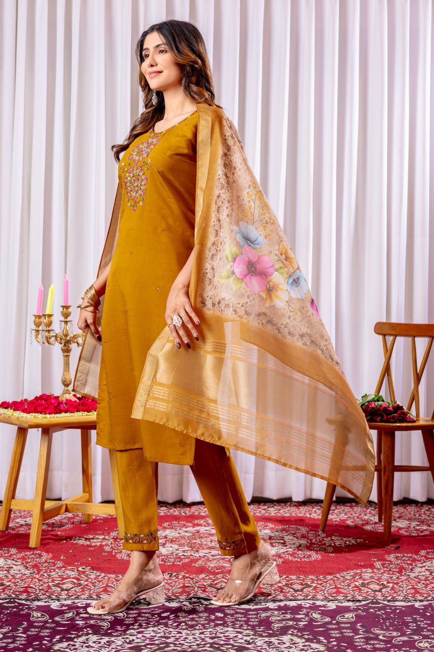 Pramukh Fab Mustard Color Viscose Silk Kurta Set - Distacart