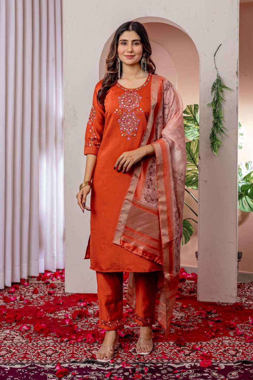 Pramukh Fab Orange Color Viscose Silk Kurta Set - Distacart