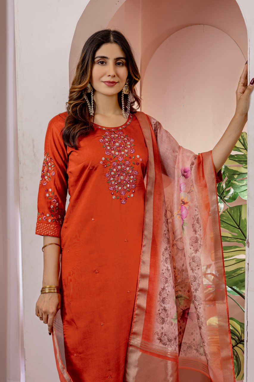 Pramukh Fab Orange Color Viscose Silk Kurta Set - Distacart
