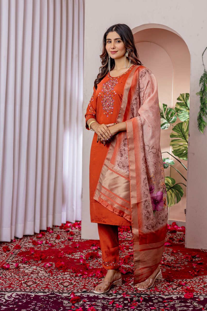Pramukh Fab Orange Color Viscose Silk Kurta Set - Distacart