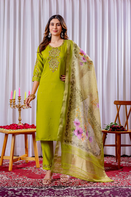 Pramukh Fab Lime Green Color Viscose Silk Kurta Set