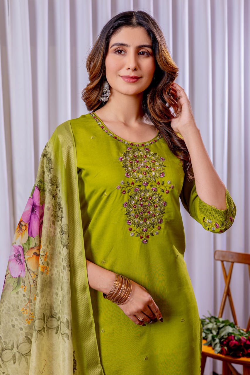 Pramukh Fab Lime Green Color Viscose Silk Kurta Set - Distacart