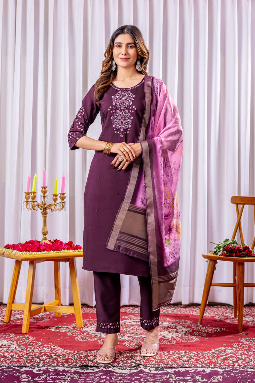 Pramukh Fab Plum Color Viscose Silk Kurta Set - Distacart