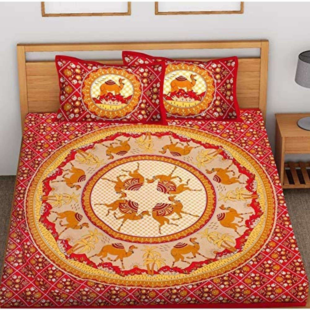 Printed Cotton King Size for Double Bedsheet with 2 Pillow Covers Red Color
