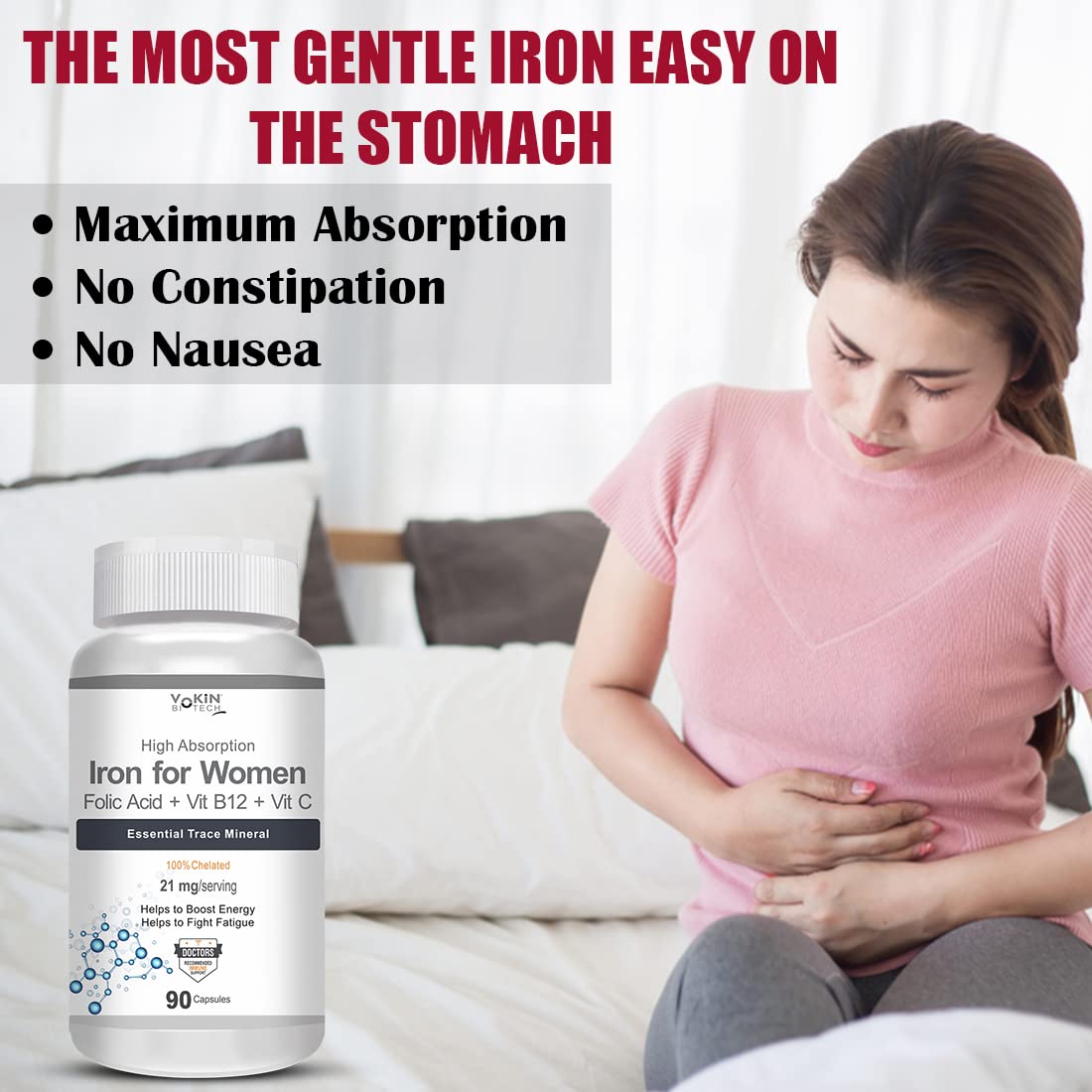 Vokin Biotech Iron Supplement for Women -100% Chelated - With Vitamin B12, Folic Acid & Vitamin C for High Absorption