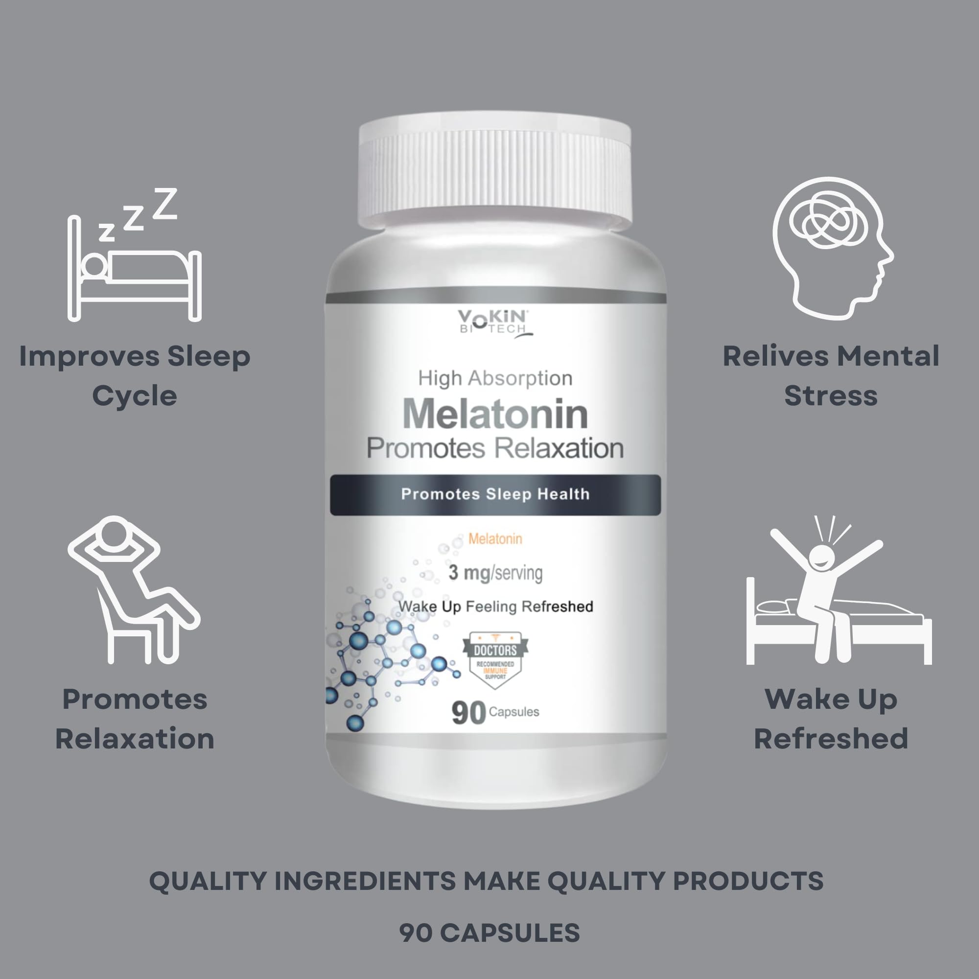 Vokin Biotech Melatonin 3mg Healthy Sleep Cycle | Helps Stress & Anxiety Relief | Improve Concentration
