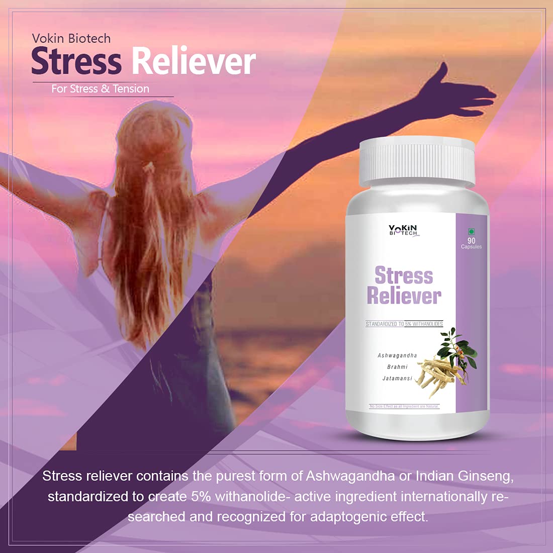 Vokin Biotech Stress Reliever Capsule Support for Stress, Fatigue and Tension (Gold standard Ashwagandha, Brahmi, Jatamansi- General Wellness