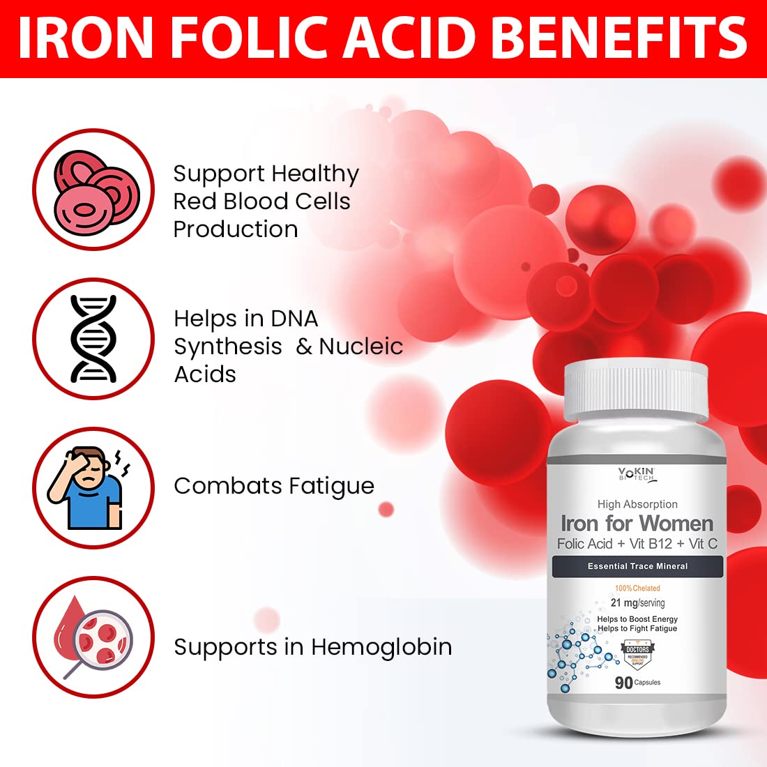 Vokin Biotech Iron Supplement for Women -100% Chelated - With Vitamin B12, Folic Acid & Vitamin C for High Absorption