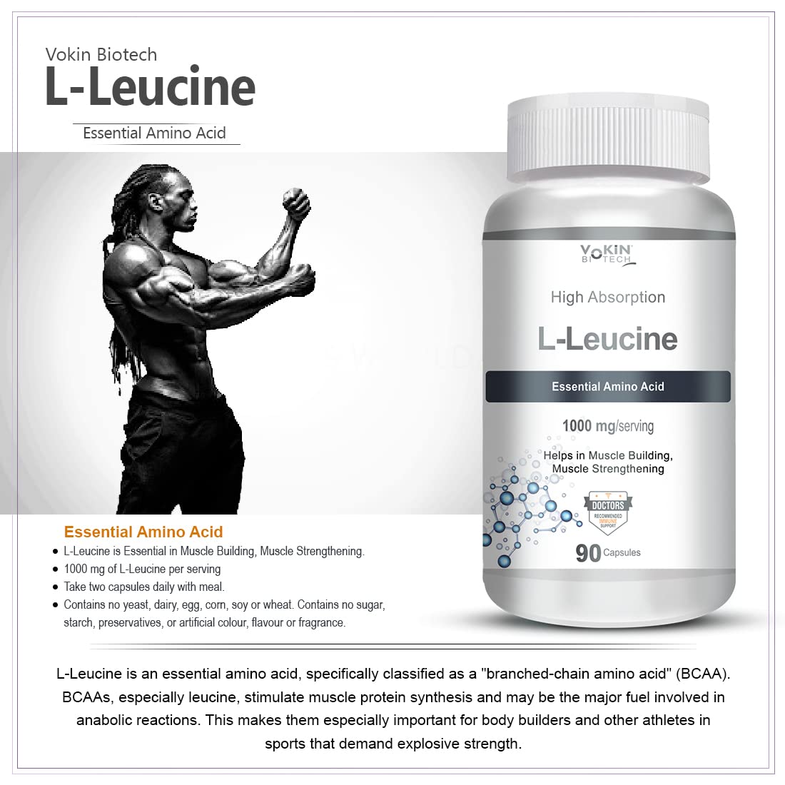 Vokin biotech L- Leucine – Supports muscle Building, Muscle Strengthening – 1000mg