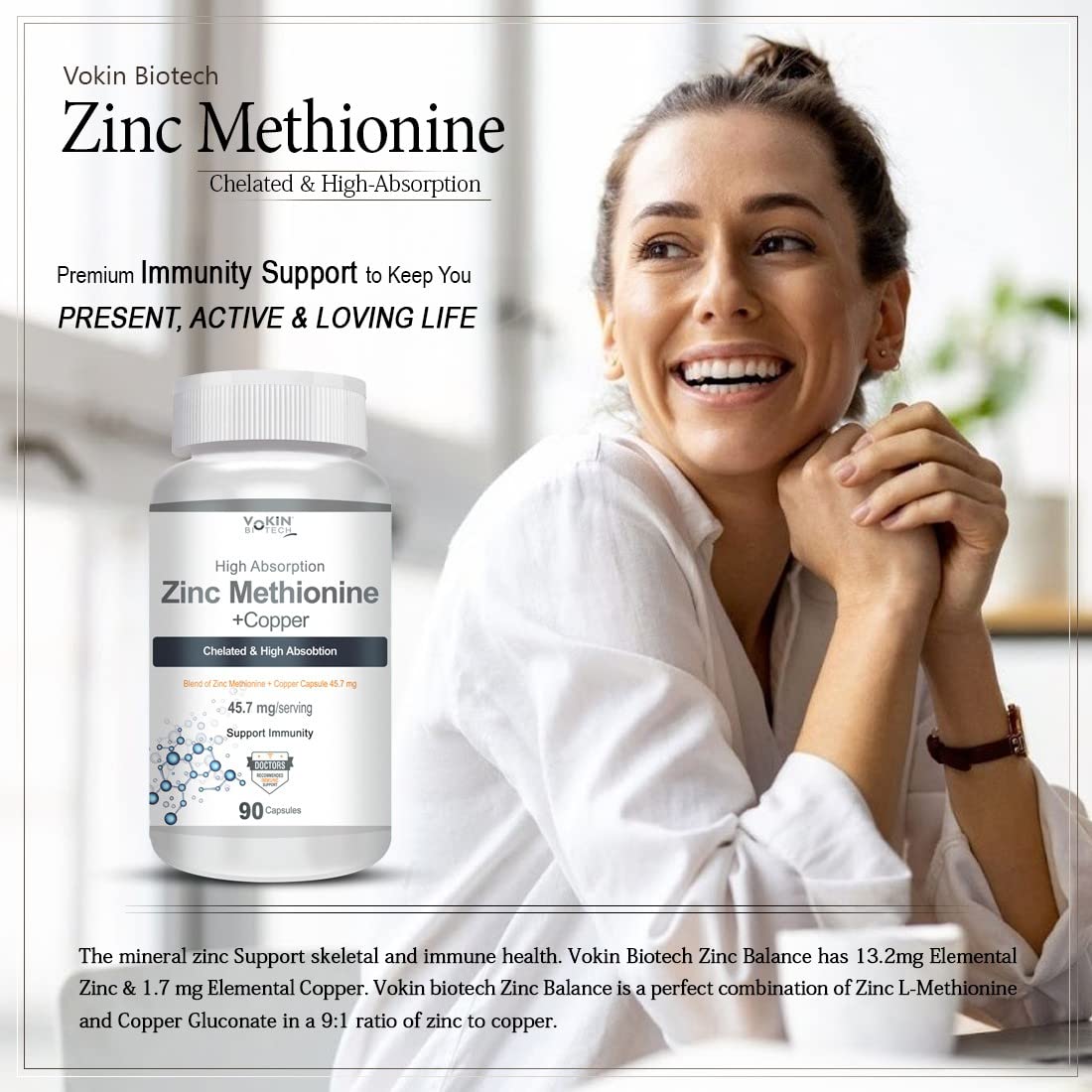 Vokin Biotech Zinc Methionine Plus Copper, Supports Immunity Capsules