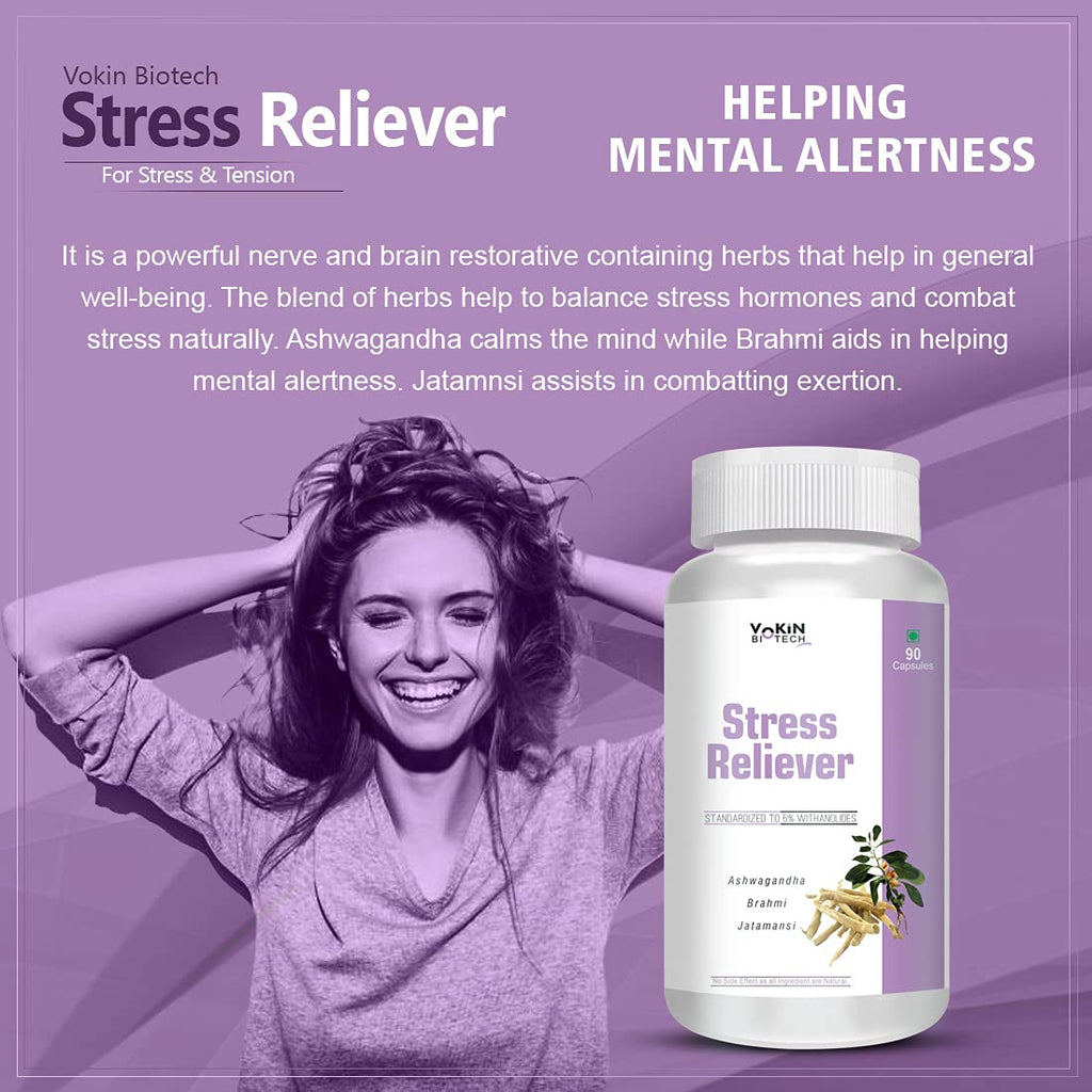 Vokin Biotech Stress Reliever Capsule Support for Stress, Fatigue and Tension (Gold standard Ashwagandha, Brahmi, Jatamansi- General Wellness