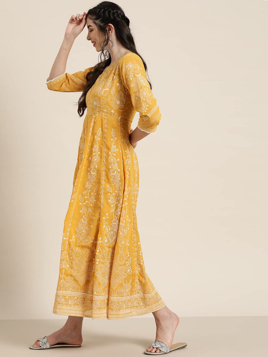 Juniper Women's Yellow Floral Printed Georgette Maxi Dress With Beads Kantha Work & Sequins At Neckline - Distacart
