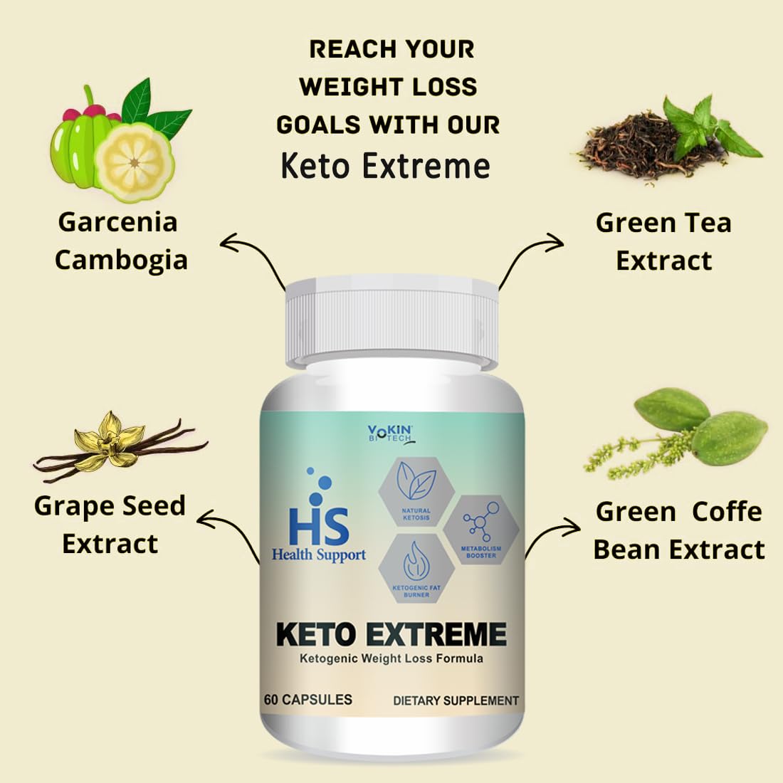 Vokin Biotech Keto Extreme Ketogenic Weight Loss Formula with Garcinia Cambogia Extract Fat Burner | Metabolism Booster (60 Capsules)