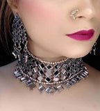 Silver-Plated Alloy Kundan Studded Oxidised Choker Necklace - The Pari