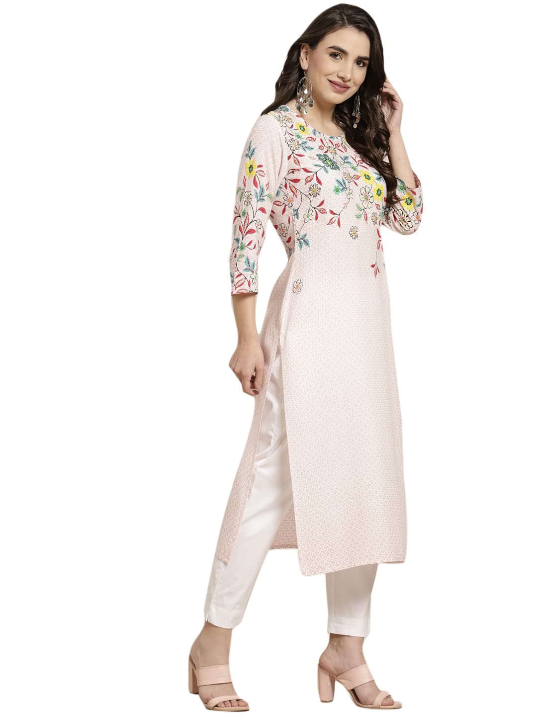 Juniper Women's Pink Floral Printed Rayon Kurta With Sequins & Beads Work