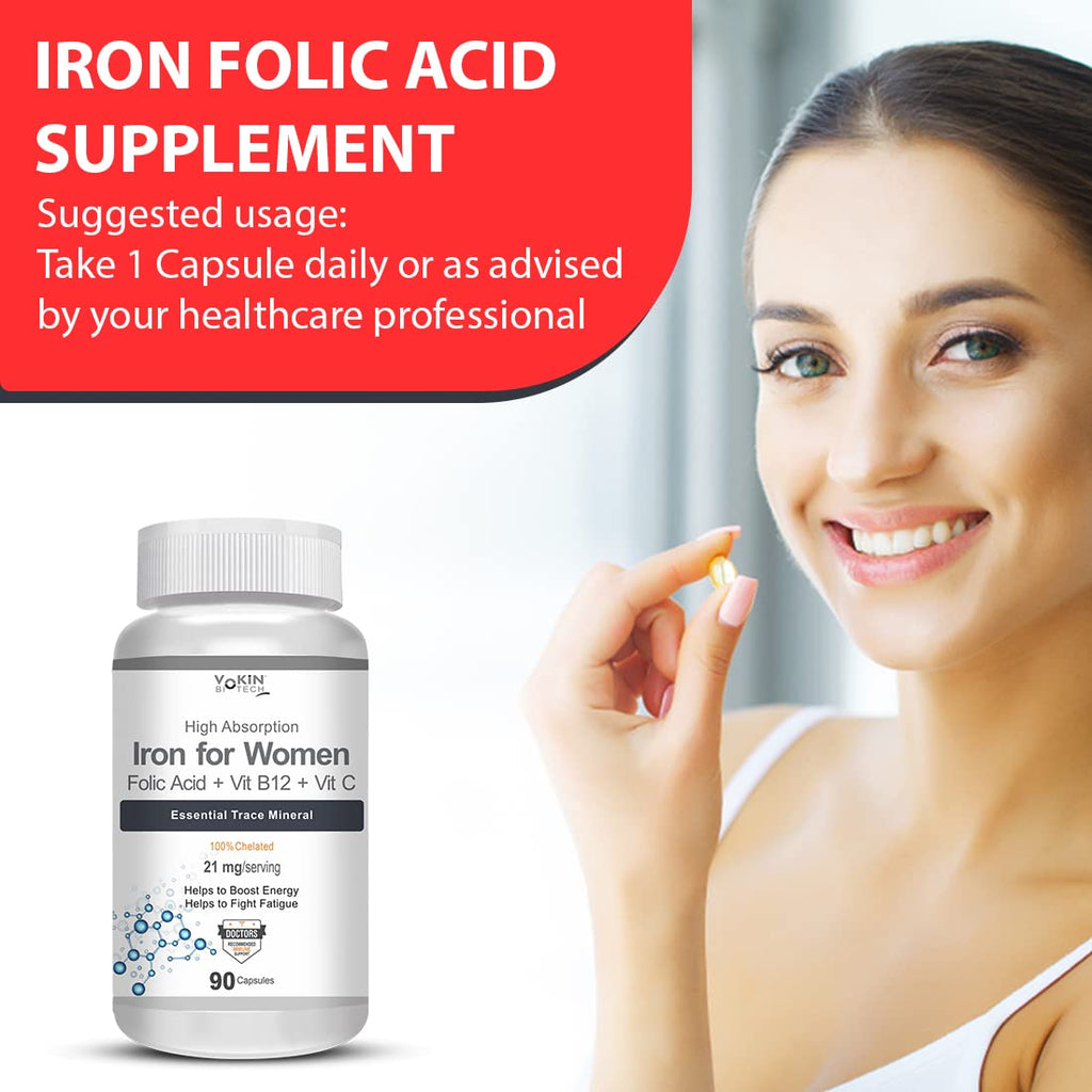 Vokin Biotech Iron Supplement for Women -100% Chelated - With Vitamin B12, Folic Acid & Vitamin C for High Absorption