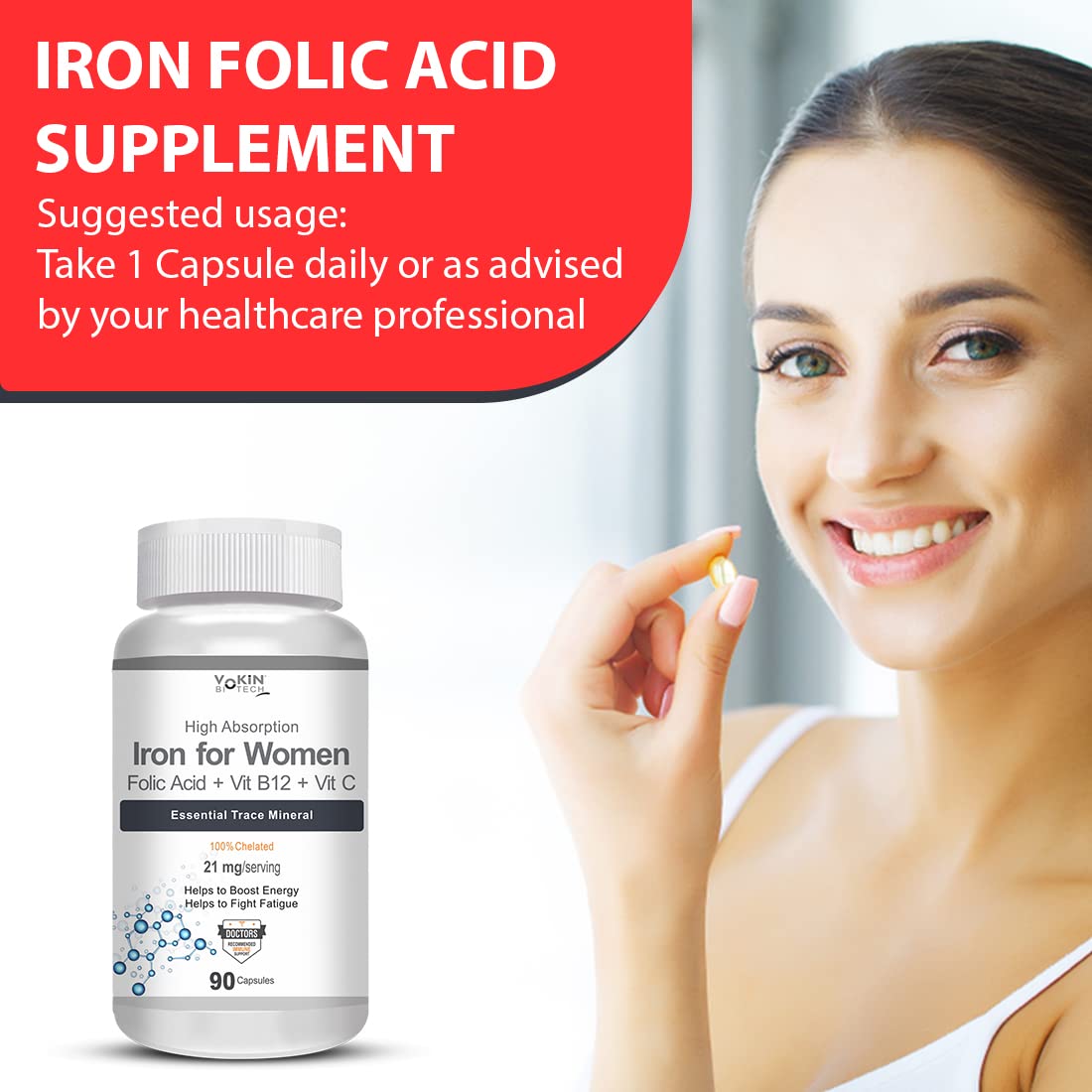 Vokin Biotech Iron Supplement for Women -100% Chelated - With Vitamin B12, Folic Acid & Vitamin C for High Absorption